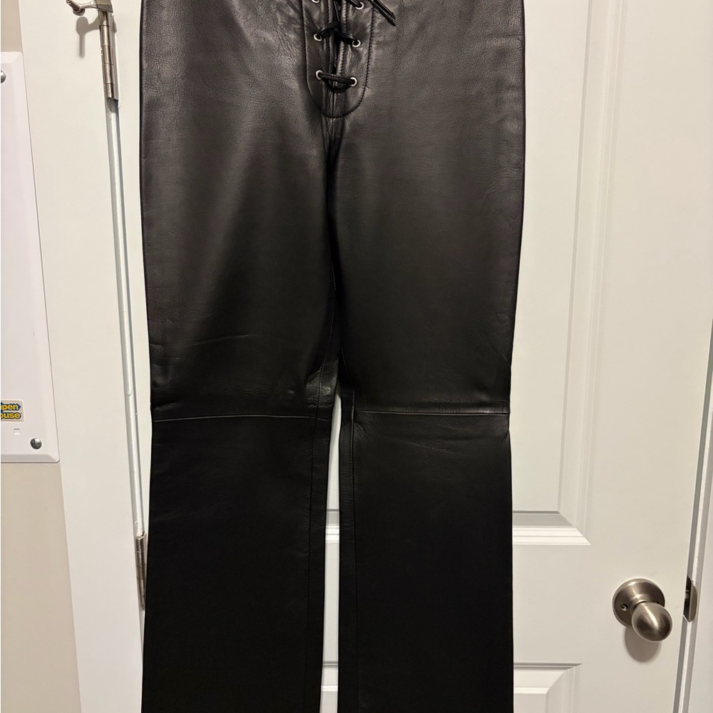 Bisou Bisou Black Leather Pants with Lace-up Detail